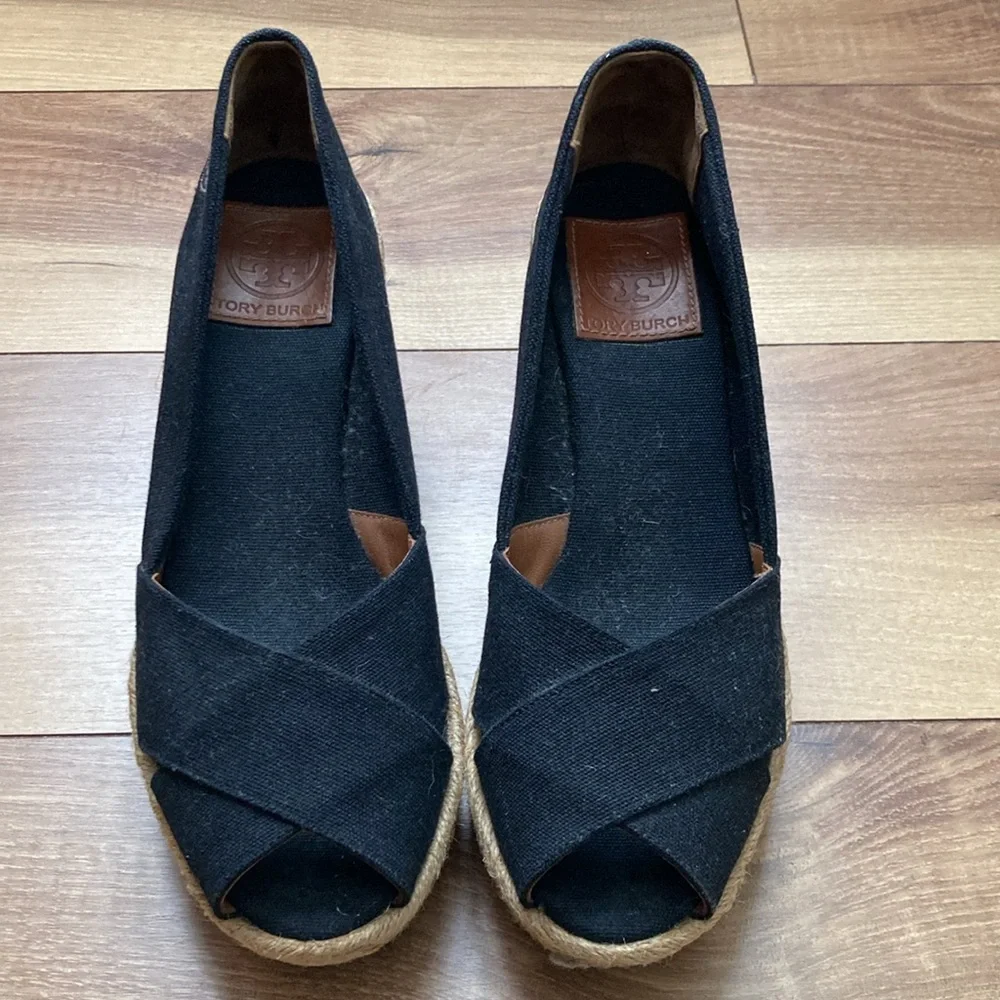 Tory Burch Black Filipa Wedge Espadrilles.